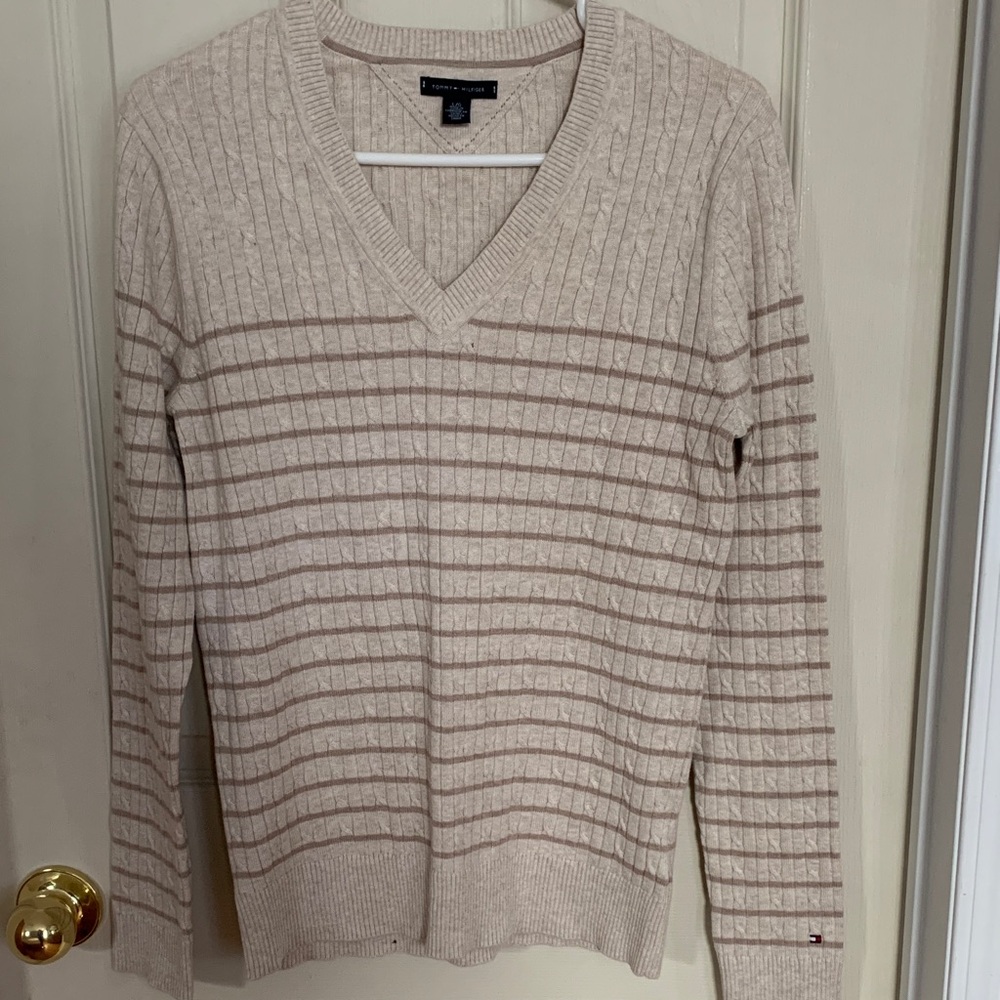 Tommy Hilfiger Cream and Brown V-Neck Sweater